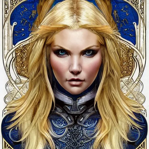 Image similar to head-on symmetrical centered painted portrait, Elisha Cuthbert as a paladin, blonde hair, ornate heavy plate armour, art nouveau, tarot card style, medieval robes, fantasy, intricate, elegant, highly detailed, smooth, sharp focus, illustration, artstation, in the style of Ross Tran and by Jesper Ejsing and by Artgerm and by Anna Podedworna and by Mikalojus Konstantinas Ciurlionis and by Mucha