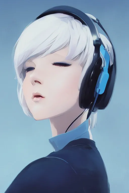 Prompt: a cute young woman listening to music with her eyes closed and wearing headphones in the style of Ilya Kuvshinov and Range Murata, white bob cut hair, blue filter, blue and white, soft lighting, atmospheric, cinematic, moody, digital painting, 8k