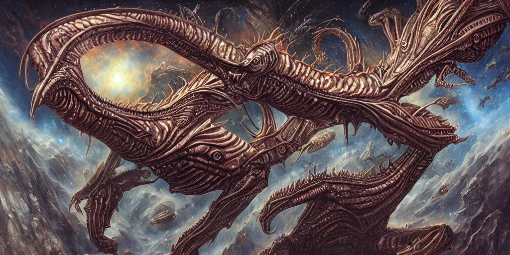 Image similar to alien space dragon by dan seagrave art