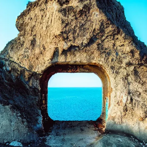 Prompt: a door in the side of a sea cliff