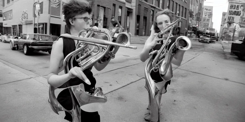 Image similar to a fiery redhead teen plays the trombone in the streets of a kansas city in 1990