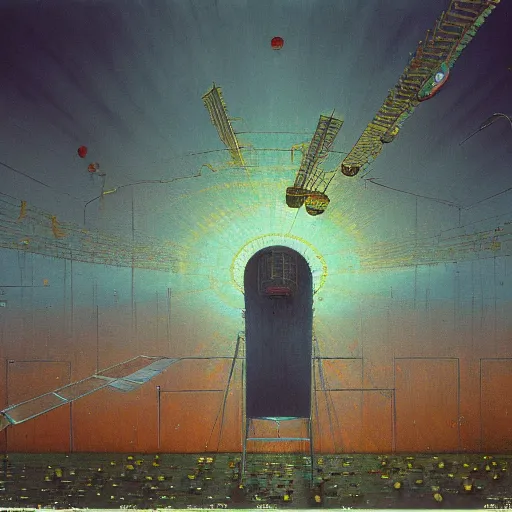 Prompt: detailed painting of a satellite station, exterior, floral ornaments, volumetrics, beam of bright lights through the clouds, beksinski, minoru nomata