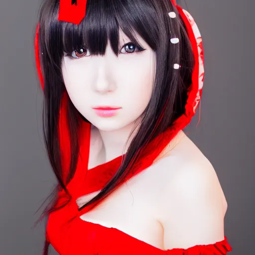 Image similar to very detailed photo of anime girl cosplayer wearing white and red dress, studio photo, anatomically correct, pretty face, UHD, 8k