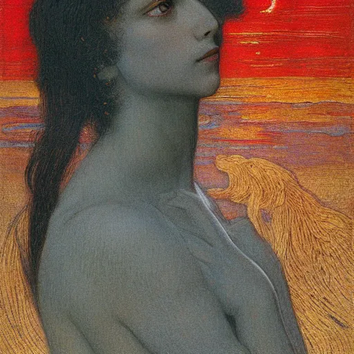 Prompt: princess black short hairs by Jean Delville