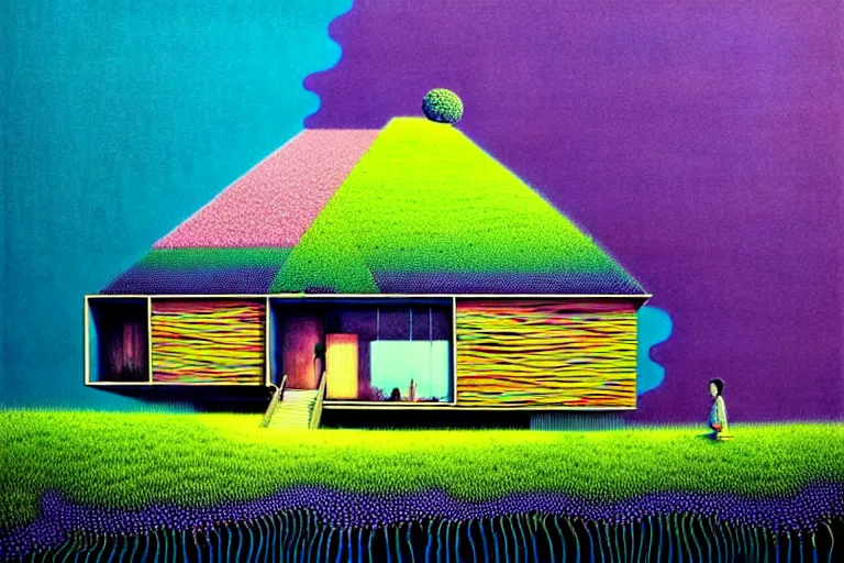 Image similar to surreal glimpse into other universe, house by kengo kuma, summer morning, very coherent and colorful high contrast, art by!!!! gediminas pranckevicius!!!!, geof darrow, floralpunk screen printing woodblock, dark shadows, hard lighting, stipple brush technique,