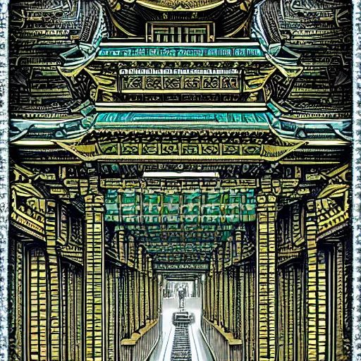 Image similar to extreme long shot of strange temple, , the building is covert with glyphs and on the top of the temple big gold design intricate, hyper detailed, trending on artstation, green tones, glow