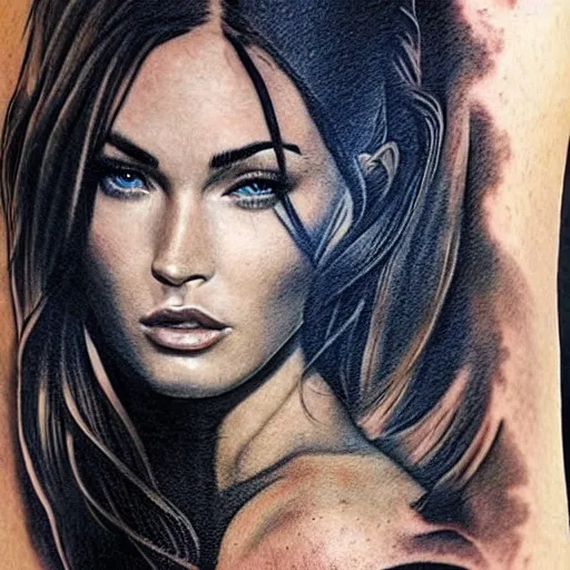 Image similar to realism tattoo sketch of double exposure megan fox blended with beautiful mountain scenery, in the style of andrey lukovnikov