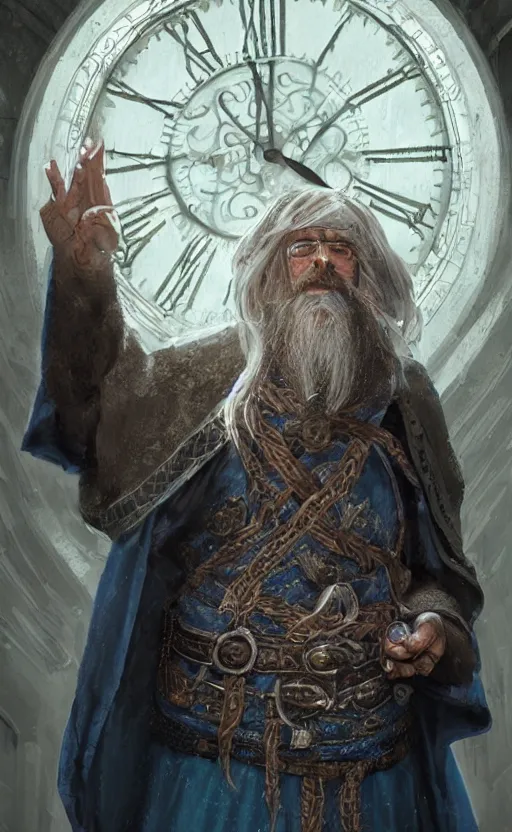Image similar to portrait of a middle aged elf with a long beard, dressed in a blue cloak, brown grey hair, raised hand, clock iconography, detailed face, fantasy, highly detailed, cinematic lighting, digital art painting by greg rutkowski