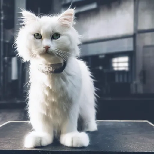 Image similar to a white fluffy cat dressed in cyberpunk aesthetics. 4k high quality exquisite.