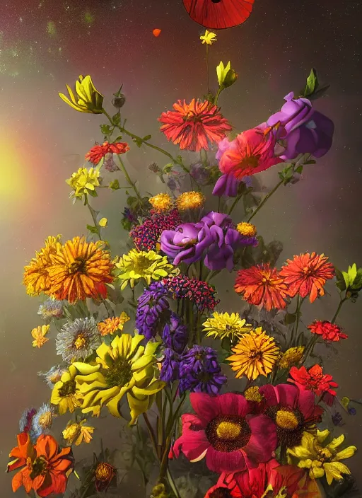 Image similar to An epic fantastic realism comic book style painting of the most beautiful flowers launched across the dark and starry cosmos, bouquets, fisheye lens, unreal 5, DAZ, hyperrealistic, octane render, dynamic lighting