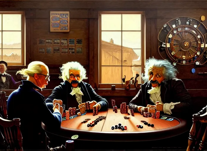 Image similar to in an old west saloon isaac newton and stephen hawkins and albert einstein playing poker, intricate, highly detailed, centered, digital painting, artstation, concept art, smooth, illustration, muted colors, art by norman rockwell and greg rutkowski and james gurney chuck close