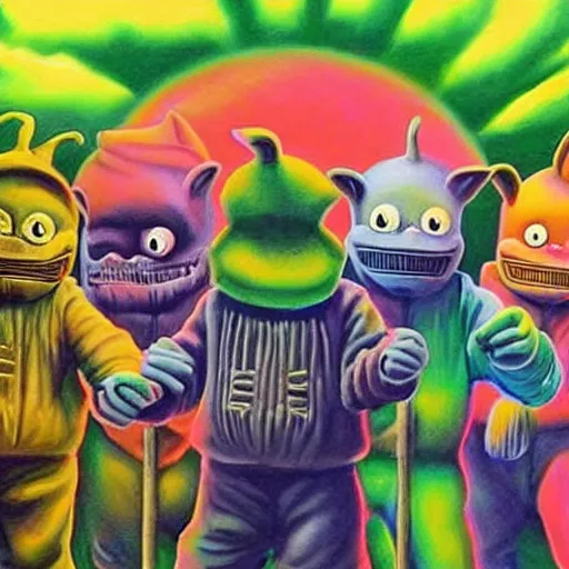 Image similar to beautiful lifelike painting of mf doom performing with slipknot and the teletubbies, hyperreal detailed facial features and uv lighting, art by ed roth and basil wolverton