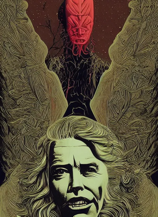 Prompt: Twin Peaks poster artwork by Michael Whelan, by Bob Larkin and Tomer Hanuka, Karol Bak of To every living being, and every living soul. Now cometh the age of the stars. A thousand year voyage under the wisdom of the Moon. Here begins the chill night that encompasses all, reaching the great beyond. Into fear, doubt, and loneliness, from scene from Twin Peaks, clean, simple illustration, nostalgic, domestic