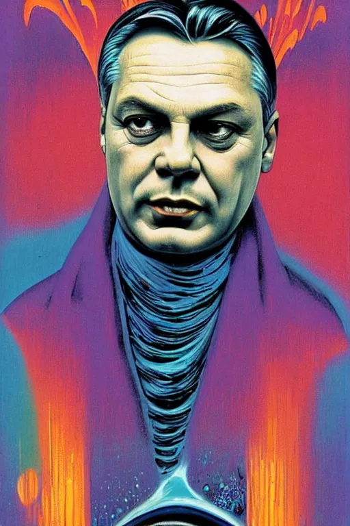 Image similar to 8 0 s art deco close up portait of viktor orban as shai hulud, rain like a dream oil painting curvalinear clothing cinematic dramatic cyberpunk textural fluid lines otherworldly vaporwave interesting details fantasy lut epic composition by basquiat zdzisław beksinski james jean artgerm rutkowski moebius francis bacon gustav klimt