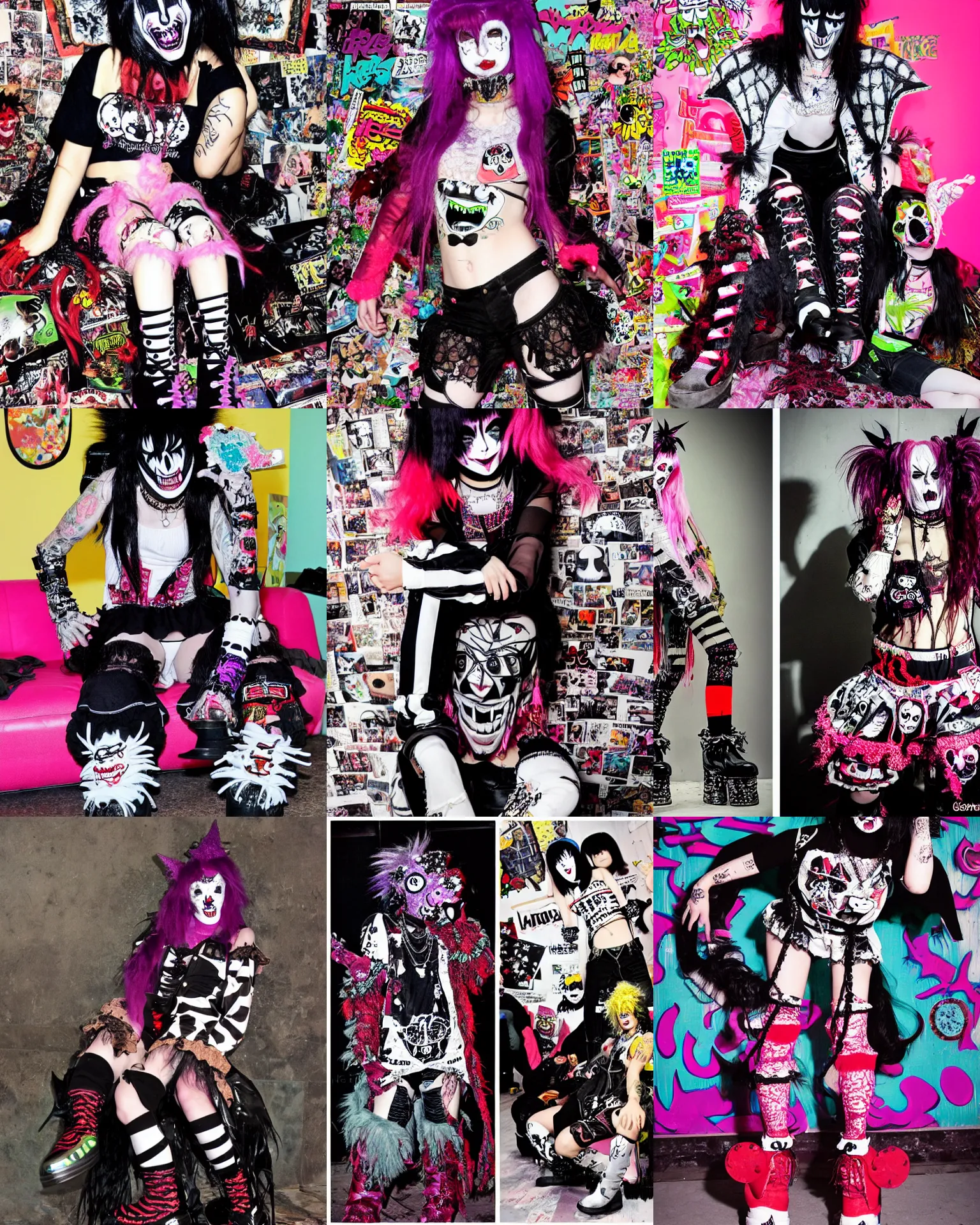 Prompt: photo of lace monster wearing ripped up dirty Swear kiss monster teeth yeti platform boots in the style of 1990's FRUiTS magazine by 20471120 in japan and in the style Rammellzee in the style of Ai Yazawa's Nana fashion by Gothic & Lolita Bible magazine and the style of Insane Clown Posse JNCOs CyberDog and emo scene style and by Ryan Trecartin in the style of Dorian Electra by Rick Owens Undercover by Jun Takahashi in a dirty dark dark dark poorly lit bedroom full of trash and garbage server racks and cables everywhere in the style of Juergen Teller in the style of Shoichi Aoki, japanese street fashion, KEROUAC magazine, Walter Van Beirendonck W&LT 1990's, Milk Bar Magazine, Vivienne Westwood, y2K aesthetic