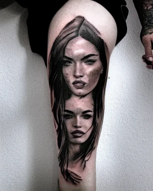 Prompt: megan fox face creative double exposure effect blended with beautiful mountain scenery, medium sized tattoo sketch, amazing detail, trending on pinterest, in the style of brandon kidwell