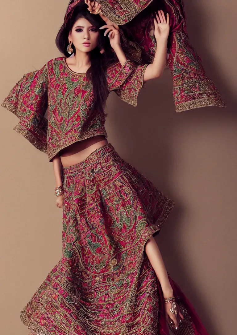 Image similar to cloths on mexican style, high detailed intricate fashion clothing, cotton texture, silk colors, ultra realistic, octane render, volumetric lights, long, wide skirts, loose - fitting blouses, elaborate hairstyles, and intricate embroidery, female cloths