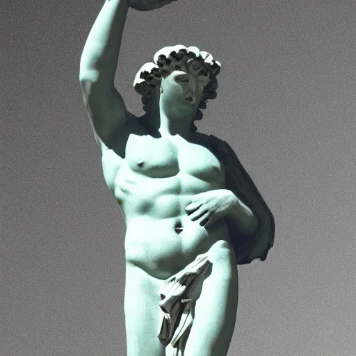 Image similar to greek statue dabbing, 9 0 s style psychadelic background, grainy artifacts