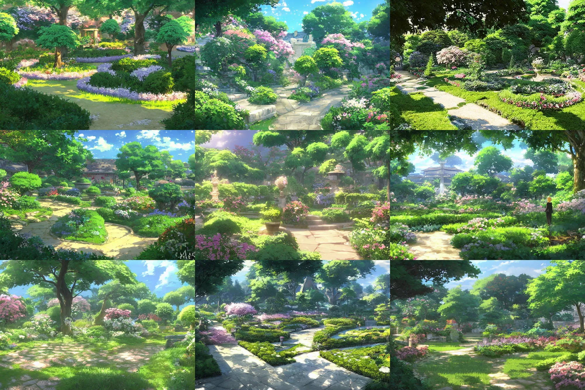 Prompt: beautiful french garden by makoto shinkai