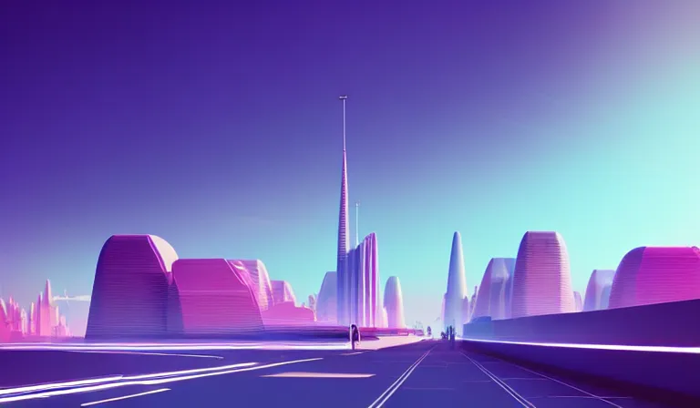 Prompt: a beautiful and immaculate futuristic sky city. naturalist architecture. view from an alleyway. vector rendering. outrun style. leading lines. vanishing point. trending on artstation. by chris moore. beeple colors.