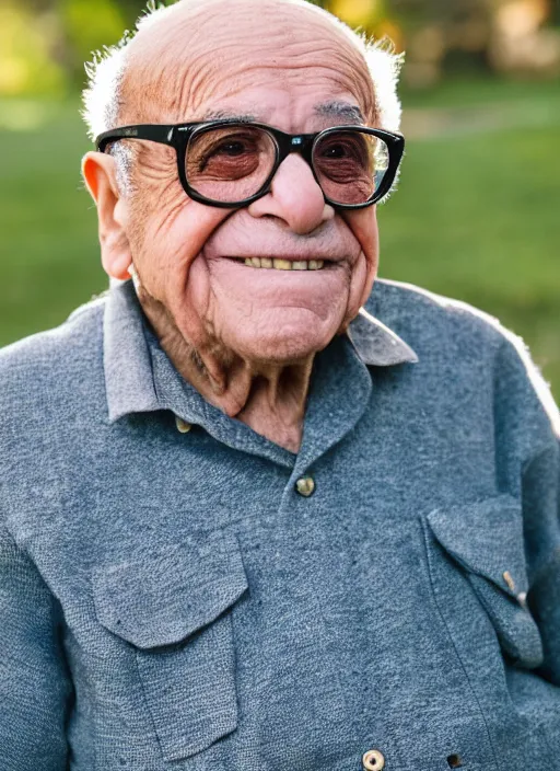 Prompt: DSLR photo portrait still of 85 year old age 85 Danny Devito at age 85!!!, 85mm f1.8