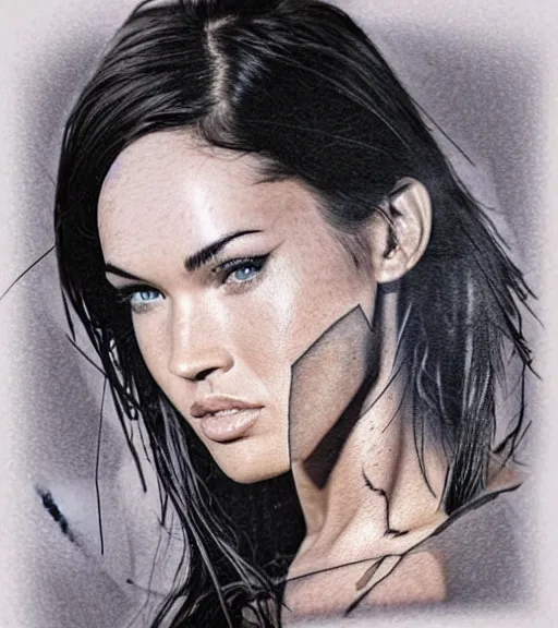 Image similar to realism tattoo sketch of a megan fox face double exposure photoshop with mountain scenery, in the style of matteo pasqualin, amazing detail, sharp, faded