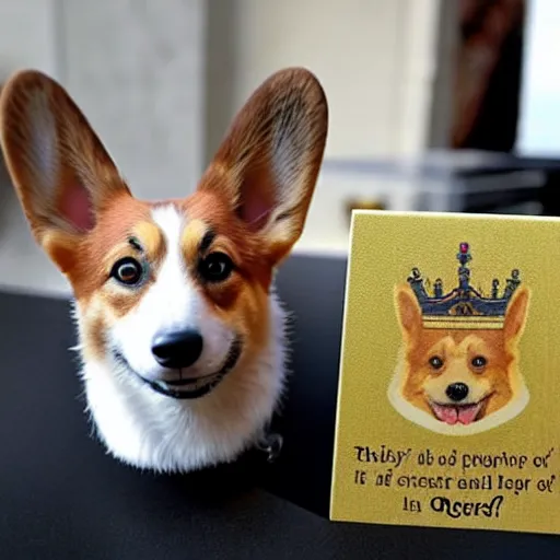 Prompt: a £ 5 but the portrait of the queen has been replaced by a happy corgi