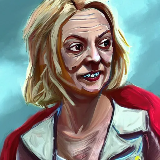 Image similar to painting of liz truss in racoon city full of zombies, hd, 4 k, 8 k artstation,