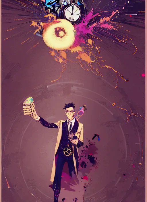 Image similar to arrogant elegant man travels through time via steampunk portals, pixiv fanbox, dramatic lighting, maximalist pastel color palette, splatter paint, pixar and disney exploded - view drawing, graphic novel by fiona staples and dustin nguyen, peter elson, alan bean, wangechi mutu, clean cel shaded vector art, trending on artstation