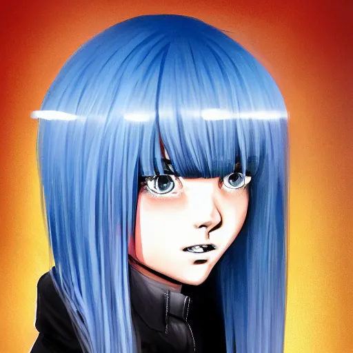 Image similar to full face shot of rimuru tempest, sky blue straight hair, long bangs, with amber eyes, wearing a fancy black jacket, high collar, ultra detailed, brush strokes, digital painting, cinematic, wlop artstation, closeup, pixiv, intense, intimidating glare, photorealistic, overpowering, andy warhol,