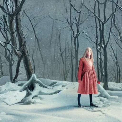 Image similar to Elle Fanning in a winter wonderland, head and shoulders masterpiece, apocalypse, golden hour, cosmic horror, artstation, in the style of Andrew Wyeth and Edward Hopper and Edwin Blashfield, extremely detailed