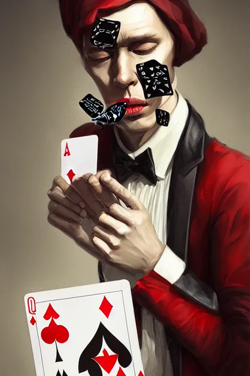 Image similar to blind folded modern street magician holding playing cards, realistic, modern, intricate, elegant, highly detailed, digital painting, artstation, concept art, addiction, chains, smooth, sharp focus, illustration, art by ilja repin