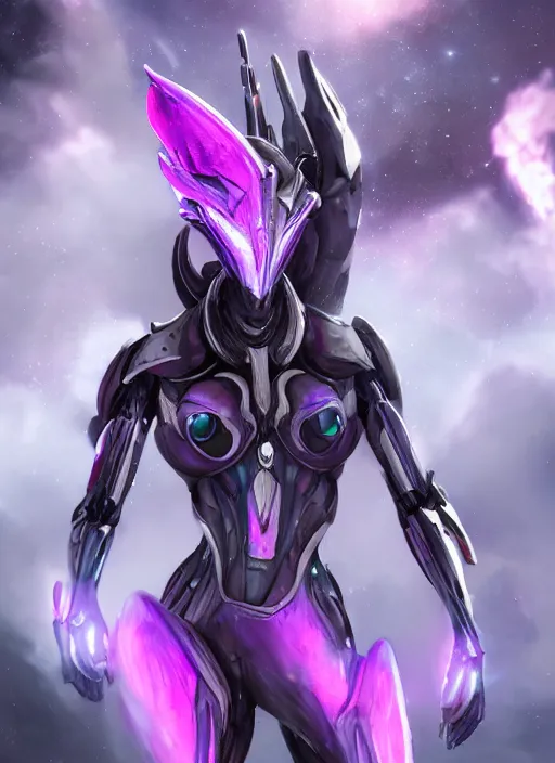 Image similar to cinematic close shot, galactic sized goddess, proportional stunning beautiful hot female warframe, sleek mecha female dragon head, metal ears, led purple eyes, smooth fuschia skin, smooth silver armor, floating in space, holding a galaxy, epic proportions, epic size, epic scale, furry art, dragon art, giantess art, warframe fanart, furaffinity, octane