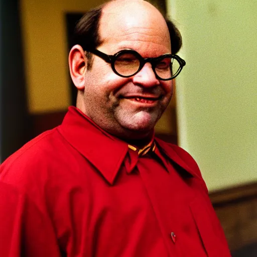 Image similar to colored photo of george costanza as in red communist clothing, 1 9 7 5 photo, 3 5 mm film, by steve mccurry