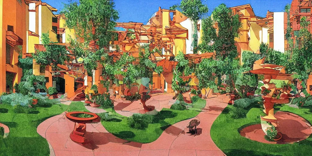 Prompt: masterpiece, graphic illustration of italian village courtyard designed by by frank lloyd wright architect, plants and trees, bill sienkiewicz, plants trail from balconies, parrots fly, abstract geometric mirrored sculptures, sunset