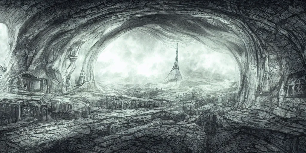 Image similar to Caelum sky subterranean horizon mystery, intricate drawing, oratio pro aris et focis, realistic fantasy, establishing shot, 8k resolution, dramatic lighting