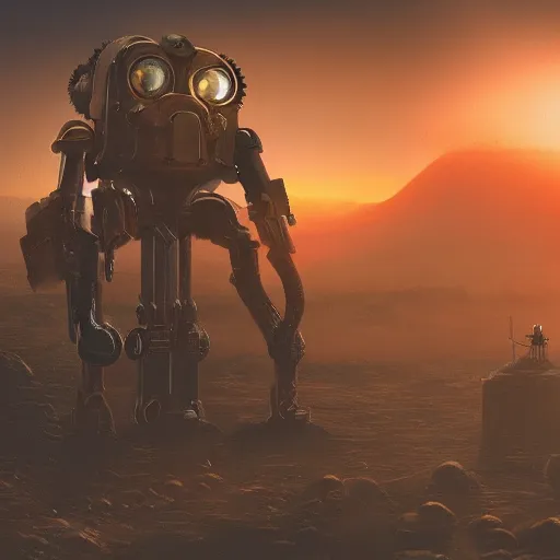 Image similar to a steampunk mech on an alien planet, at sunset with smog