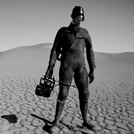 Image similar to a man wearing an old diving suit, in the desert, arriflex 35