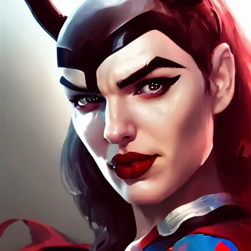 Image similar to a close up face of gal gadot as Harley Quinn, by Stanley Artgerm Lau, WLOP, Rossdraws, James Jean, Andrei Riabovitchev, Marc Simonetti, Yoshitaka Amano, ArtStation, CGSociety, Full body shot