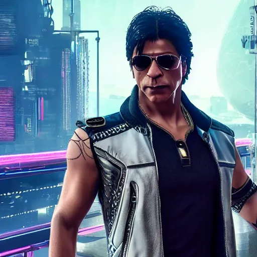 Prompt: Shah Rukh Khan, as a character from Cyberpunk 2077, looking at camera, intricate, sci-fi, extremely detailed, surreal, hyper realistic, in the background cyperpunk-2077-city, trending on artstation, 8K, HD
