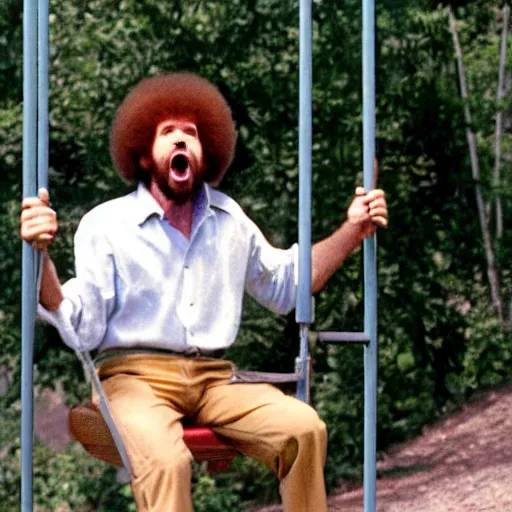 Image similar to bob ross screaming on a swingset