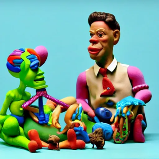 Prompt: a claymation film still of a toy / collection / ethnographic museum / claymation by jeff koons