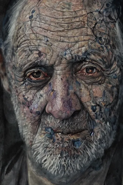 Prompt: portrait of a very old man with aquarelle painted skin. close up, very dark bluish hair, light eyes, intricate dark flowers pattern everywhere, high detail, by Eddie Mendoza