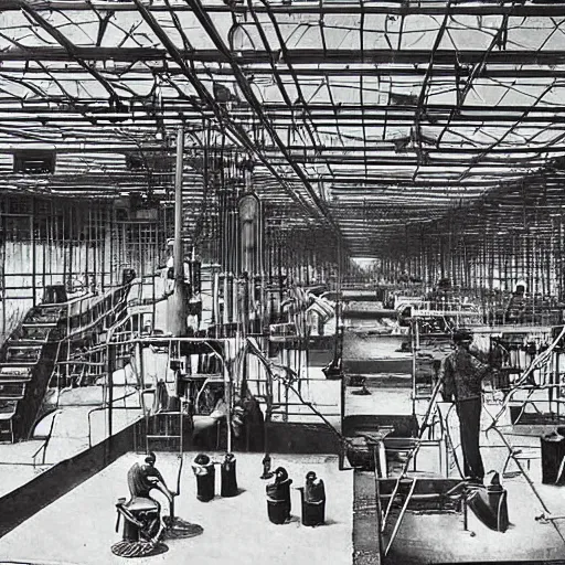 Image similar to digital art of workers working on a gigantic elephant factory, 1960 technology, art station