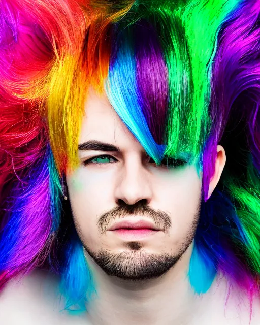 Prompt: a man with metallic multicolored hair, photo portrait