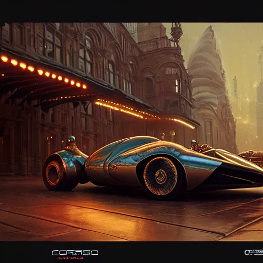 Image similar to cyborg cyber vintage supercar slick warm tones : by michal karcz, daniel merriam, victo ngai and guillermo del toro : ornate, dynamic, particulate, intricate, elegant, highly detailed, centered, artstation, smooth, sharp focus, octane render