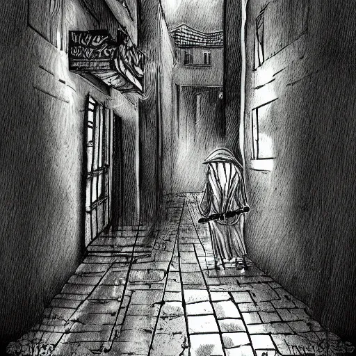 Prompt: a hooded rogue leads you by the hand down an alleyway, digital art