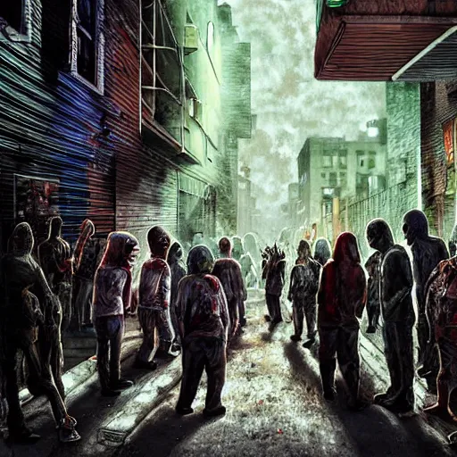 Prompt: people inside an alleyway watching the horde of zombies in the road, sci-fi art, digital art, award-winning