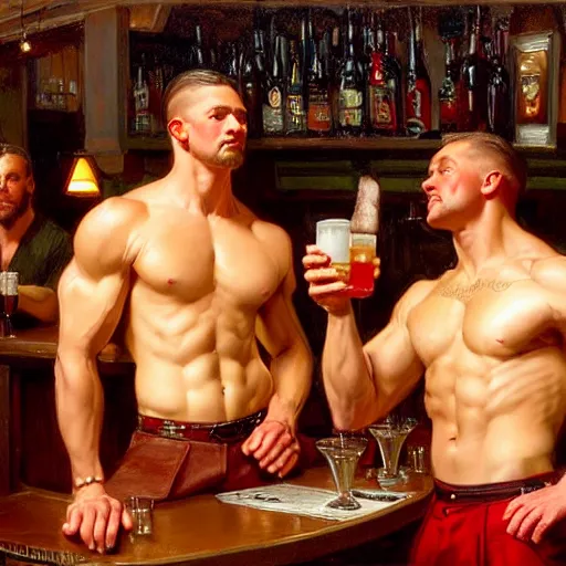 Prompt: attractive muscular maculine male with brunet hair and attractive muscular masculine male with blond hair. pants and shorts, drinking their hearts out, in a pub. highly detailed and very defined painting by j. c. leyendecker, gaston bussiere, craig mullins 8 k