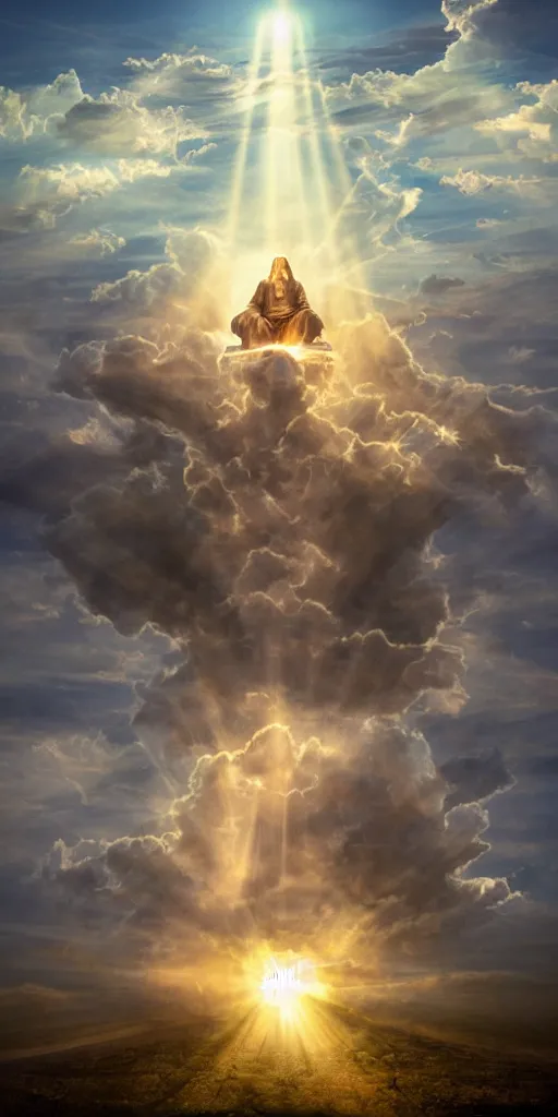 Image similar to God sitting on his throne atop a pillar of cloud, surrounded by swarms of angels, crepuscular rays, warm lighting